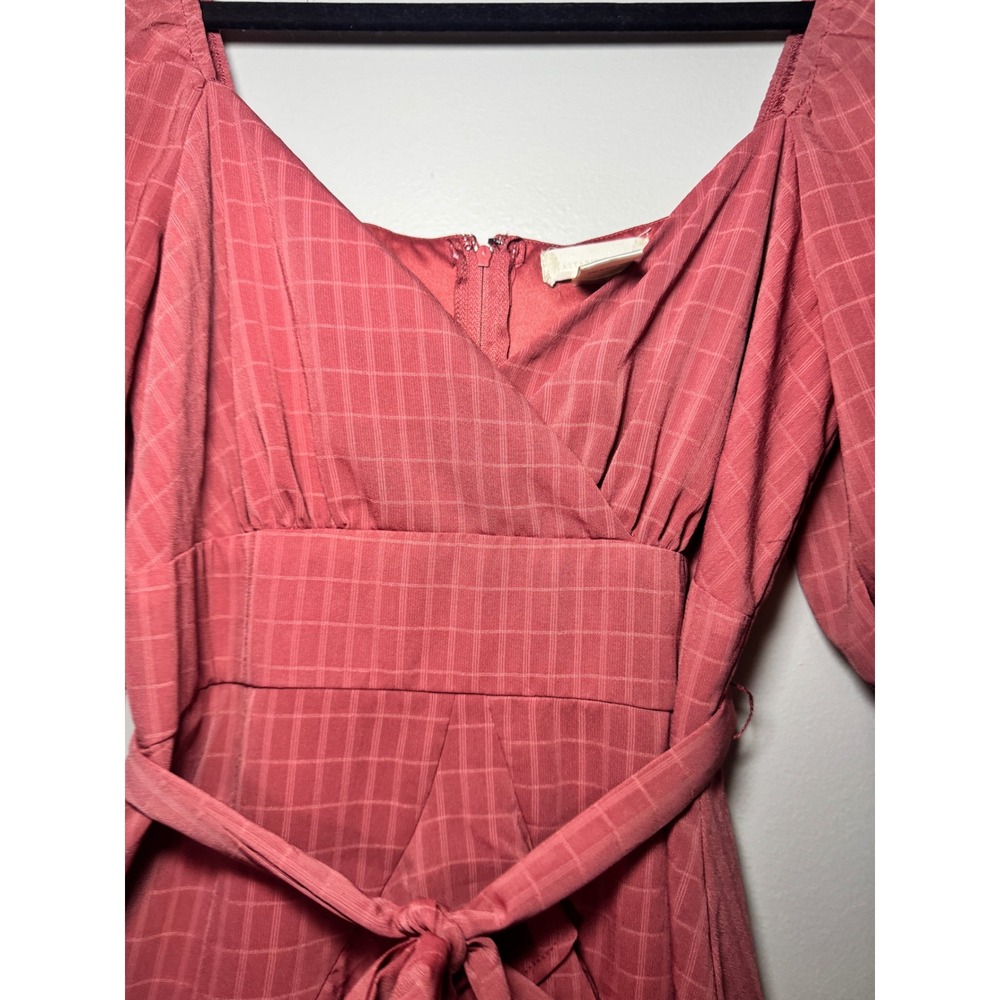 Altar'd State Pink Grid Ruffle Mini Dress Puff Sleeve Surplice Wrap 26BX54FCLI M - Picture 3 of 6